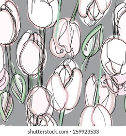 Floral seamless pattern / Sketch of light pink tulips 