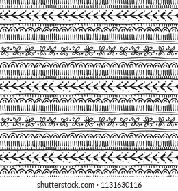 Floral seamless pattern with sketched horizontal doodles. Oriental style. Vector, isolated.