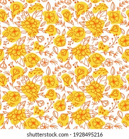 Patrón floral sin fisuras. Composiciones esquemáticas con objetos de doodles primaverales. Ilustraciones dibujadas a mano. Fondo del vector