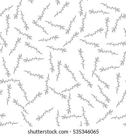 Floral seamless pattern. Sketchy hand drawn branches randomly placed on white background. Can be used for textile, wallpapers, wrapping design. Easy changeable colors. EPS8 vector illustration.