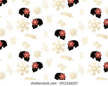 Patrón floral sin soldadura con cráneo sobre fondo blanco silenciado