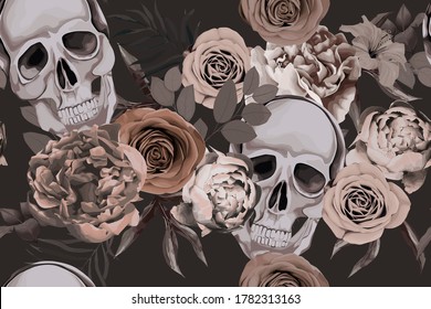Floral seamless pattern with skull, rose and peony. Flower gothic  print on dark background. Vintage textile. Watercolour style. Vector illustration