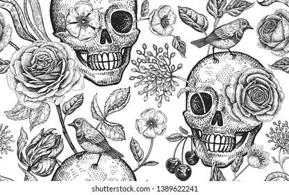 Floral seamless pattern. Skulls, blooming rose flowers and birds. Vector illustration with symbols of day dead. Vintage. Black and white. Template of paper, textiles, wallpaper