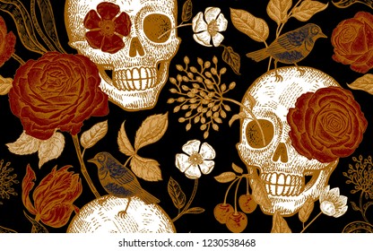 Floral seamless pattern with skulls, flowers, birds. Vector illustration. Symbols of day dead. Vintage. Golden foil, red roses, white skulls, black background. Template for paper, textiles, wallpaper.