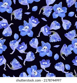 Floral seamless pattern with sky blue flowers on a white background.Suitable for printing on fabric, textile, wrapping paper, decorative wallpaper, packaging, invitations.
