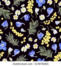 Floral seamless pattern with sky blue flowers, daisies and mimosas. Suitable for printing on fabric, textile, wrapping paper, decorative wallpaper, packaging, invitations.