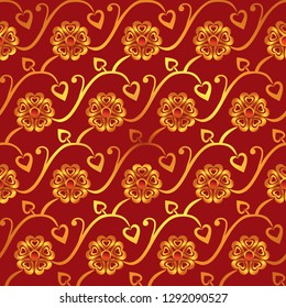 Floral seamless pattern in slavic style whith flowers, hearts 