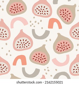 Blumennahtloses Muster mit geschnittenen Feigenfrucht, geometrischen Bogenformen und Punkten. Weißer Hintergrund. Sommertextilien, Design der Esswaren. Mittelmeer, handgezeichnet, Vektorhintergrund, Flachgrafik.