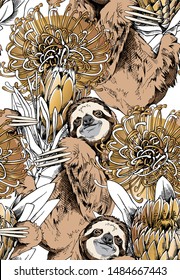 Floral Seamless pattern. Sloth with a gold protea (Sugarbushes and African) flowers. Textile composition, hand drawn style print. Vector illustration.