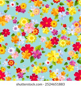 Floral seamless pattern with small bright colorful flowers and leaves on a blue background. Vector floral print. Hand-drawn illustration, not AI