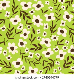 Floral seamless pattern with small doodle flowers. Hand drawn abstract flowers, leaves on green background. Cute simple botanical texture for textile ditsy print, wallpaper, wrapping paper, cards. 