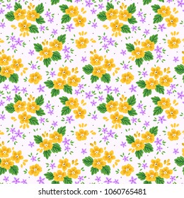 Floral seamless pattern with small flowers in vintage style. Surface design of yellow flowers and leaves on a white background. A bouquet of spring flowers for fashion prints. Modern floral background