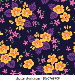 Floral seamless pattern with small flowers in vintage style. Surface design of yellow flowers and purple leaves on a dark background. A bouquet of spring flowers for fashion prints. Modern fond.