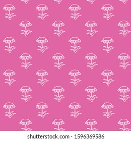 Floral seamless pattern with small flowers on pink background. Vector illustration for fabric, textile, wallpaper, posters, paper. Print for children. Branch with leaves. Doodle style. 