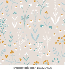 Floral seamless pattern of small flowers. Vector illustration in simple hand-drawn Scandinavian style. The limited pastel palette is ideal for textiles, fabrics, wallpapers, packaging.