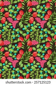 Floral seamless pattern with lot of small flowers, berries and leaves.