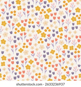 Floral seamless pattern with small flowers and tulips on white background. Perfect for wallpaper, gift paper, spring and summer greeting cards. Vector hand drawn illustration