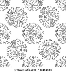 Floral seamless pattern. Small flowers and beetles ladybugs. Black and white graphics, vector texture.