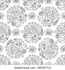 Floral seamless pattern. Small flowers and beetles ladybugs. Black and white graphics, vector texture.