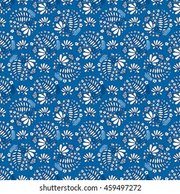 Floral seamless pattern. Small flowers and beetles ladybugs. Blue and white graphics, vector texture.