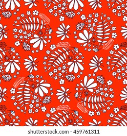 Floral seamless pattern. Small flowers and beetles ladybugs. 