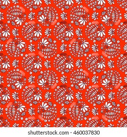 Floral seamless pattern. Small flowers and beetles ladybugs. 