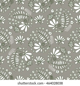 Floral seamless pattern. Small flowers and beetles ladybugs. 