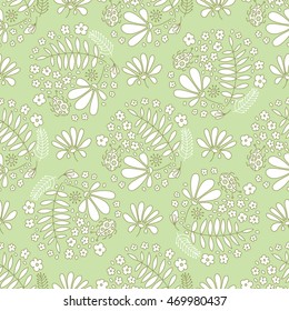 Floral seamless pattern. Small flowers and beetles ladybugs. 