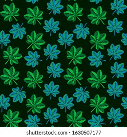 Floral seamless pattern with small green and blue leaves on dark background. Vector illustration for wallpaper or summer dress