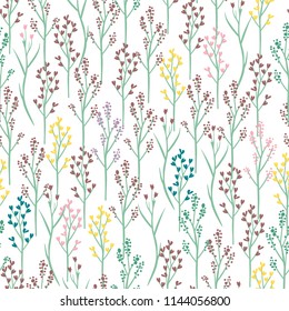 Floral seamless pattern with small hand drawn flowers. Romantic print on white background. Colorful vector illustration. 