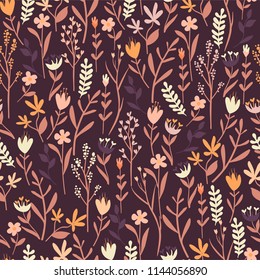 Floral seamless pattern with small hand drawn flowers. Artistic print. Dark background. Colorful vector illustration. 