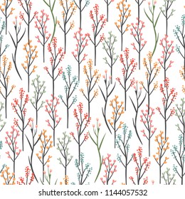 Floral seamless pattern with small hand drawn flowers and branches. Romantic print on white background. Colorful vector illustration.