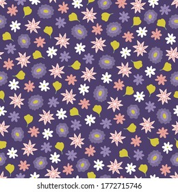 Floral sin costuras con hojas pequeñas y flores sobre fondo violeta. Papel pintado, papel de regalo, vacaciones de primavera y verano
