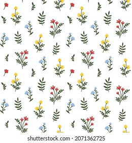 Floral Seamless Pattern. Small multicolor Meadow Flower. Tiny Wildflower with leaves. Ditsy style motif, template, texture. Vector background for fashion, nursery print, textile, wrapping, gift paper