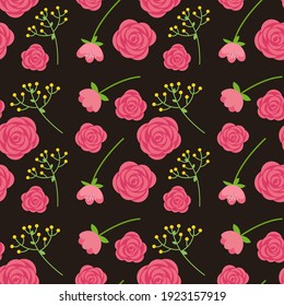 Floral seamless pattern with small pink roses. Spring background. Template for fabric, textile, wallpaper. Vector illustration in simple hand drawn style