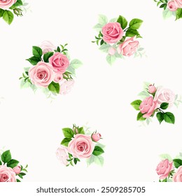 Floral seamless pattern with small pink rose flowers on a white background. Vector vintage floral print. Hand-drawn illustration, not AI