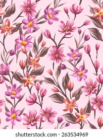 Patrón floral sin fisuras con pequeñas flores rosas en color acuático