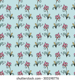 Floral seamless pattern, small pink flowers on the blue background