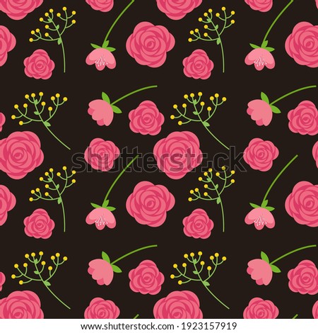 Floral seamless pattern with small pink roses. Spring background. Template for fabric, textile, wallpaper. Vector illustration in simple hand drawn style