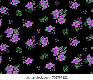 Floral seamless pattern of small purple lily flowers  on a dark background