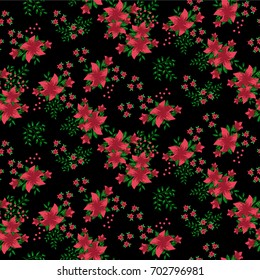 Floral seamless pattern of small red lily flowers  on a dark background