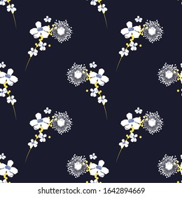 Floral seamless pattern with small white flowers.Spring and summer vector background.Fabric with cute flowers.Graphic floral textile texture 