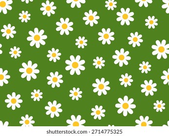 Floral seamless pattern with small white flowers on green background. Decorative repeating botanical cartoon design, perfect for fabric, textile prints, wallpapers, eco designs, spring themes.