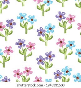 Floral seamless pattern with small wild pink, blue and violet flowers green leaves on white background. Classic blooming spring decorative texture, retro vintage style. EPS10 vector