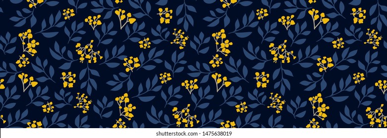 Floral seamless pattern with small yellow flowers, tree branches on dark background. Retro botanical print. Vector hand-drawn illustration. Modern vintage design, Wallpaper, fabric, backdrop...