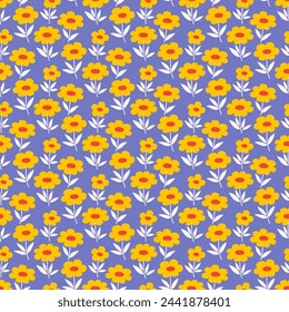 Floral seamless pattern with small yellow flowers and white leaves on a blue background. Vintage ditsy style fabric. Decorative print, vector illustration