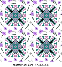 Floral sin costuras en flores de pequeña escala con paisley mandala india. Petunia mexicana o Ruellia simple. Millefleurs chic de Shabby.