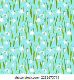 Patrón floral sin costuras con gotas de nieve sobre fondo azul. Vector plano
