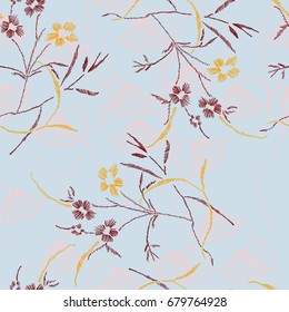 Floral seamless pattern. Soft  blue background for fabric, wallpaper, paper. Imitation embroidery. Millefleurs