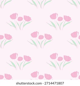 Floral seamless pattern with soft pink tulip bouquets with green leaves on a pastel background. Fresh spring design. Perfect for textiles, wallpaper, wrapping paper, stationery. 